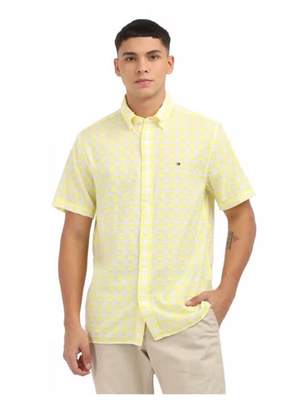 NWT Tommy Hilfiger gingham Tulip Yellow and White Short-Sleeve Button-Down Shirt